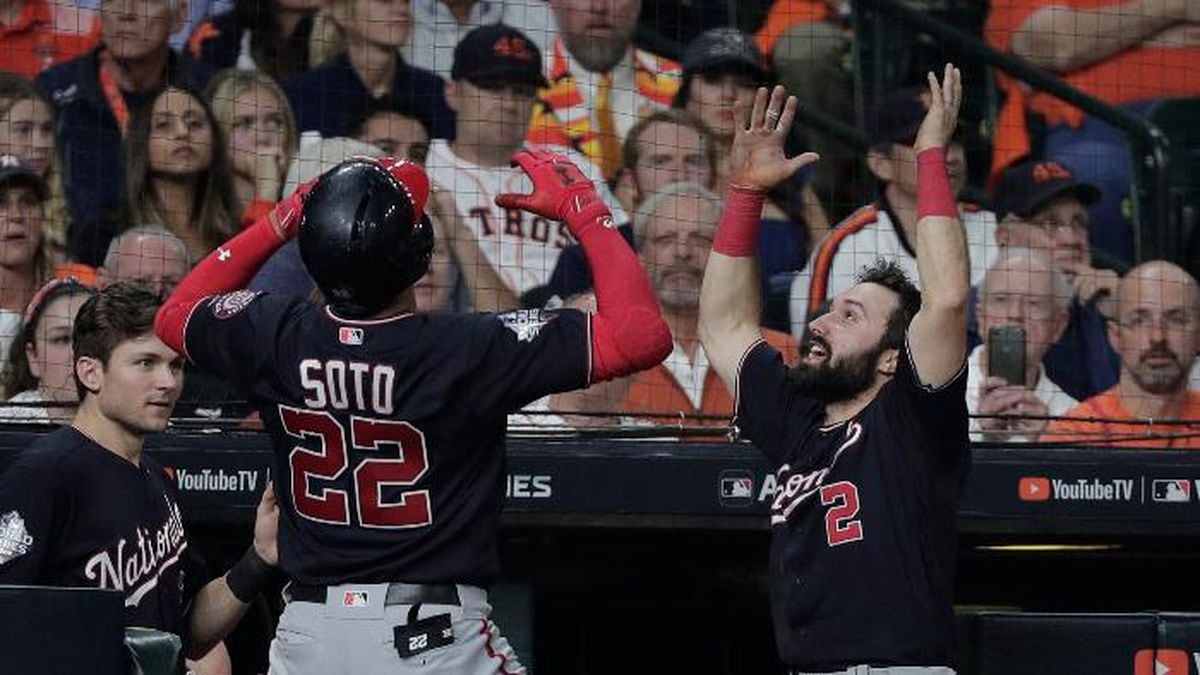 Washington Nationals' Juan Soto celebrates his home run with teammate Alex Bregman uring the fifth inning of Game 6 of the baseball World Series against the Houston Astros Tuesday, Oct. 29, 2019, in Houston. (AP Photo/David J. Phillip)