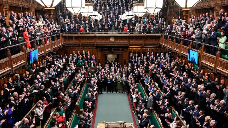 In this photo provided by the U.K. Parliament, Ukrainian President Volodymyr Zelenskyy is...