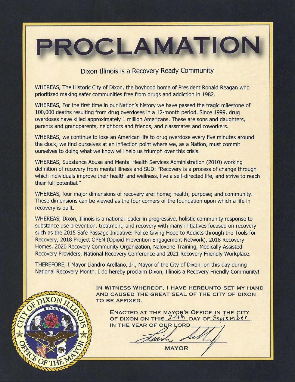 Dixon Mayor Liandro Arellano Jr. signed the proclamation on Saturday, Sept. 24.