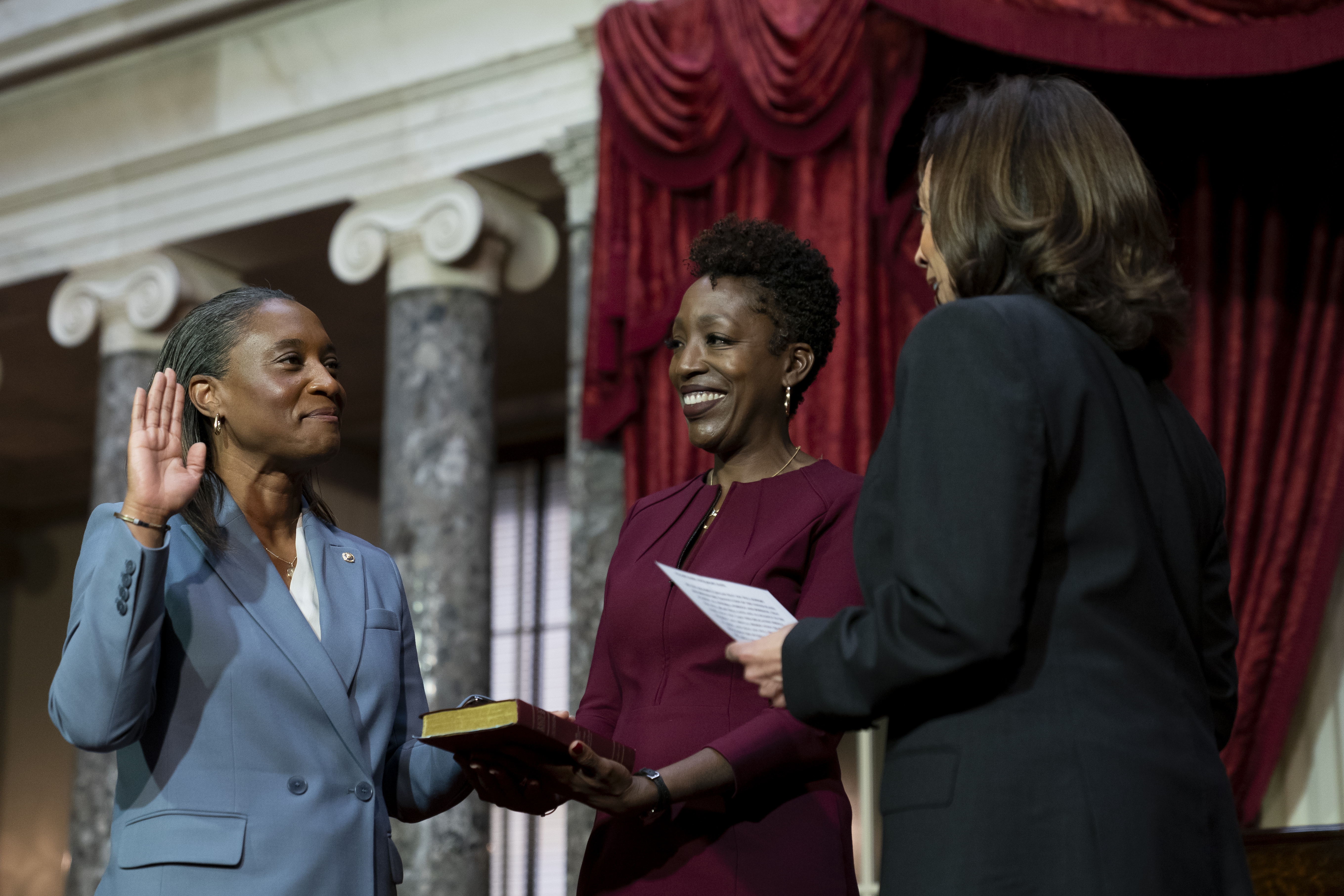 Vice President Kamala Harris, right, swears in Laphonza Butler, D-Calif., left, to the Senate...