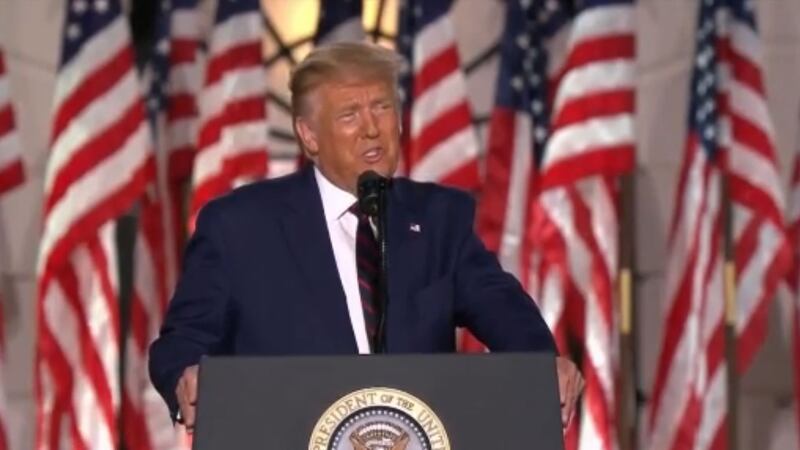 President Donald Trump delivers his Republican nomination acceptance speech in front of the...