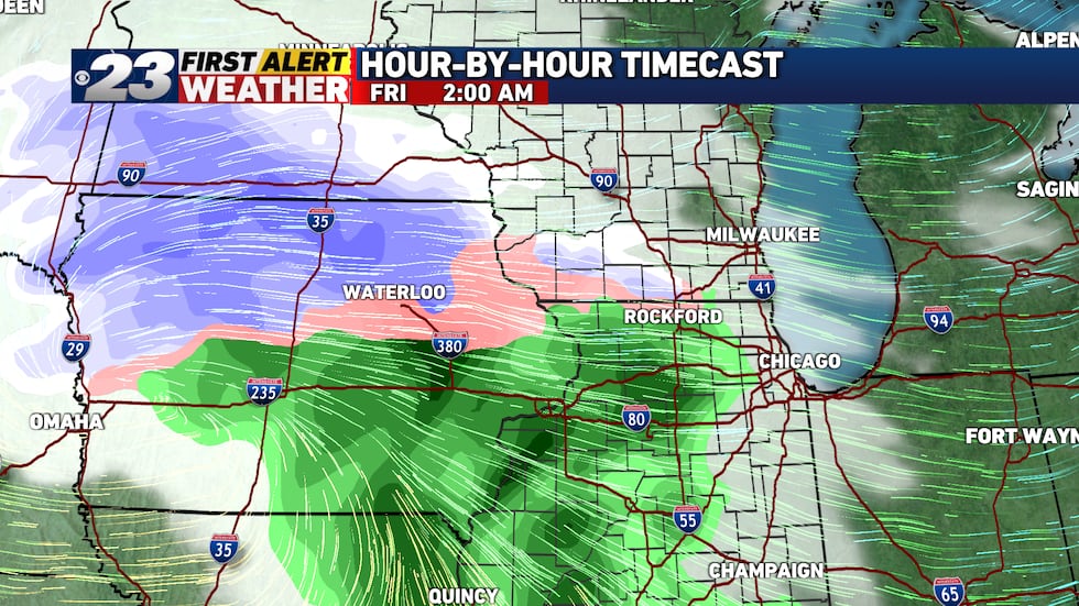 Rain or freezing rain appear to be the initial form of precipitation, with snow over Wisconsin.