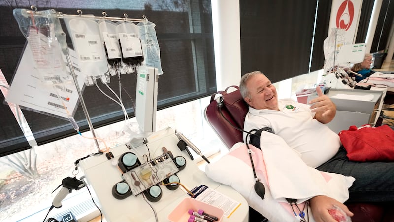 Matt Schermerhorn talks about donating blood at the Impact Life blood center, Friday, Nov. 11,...