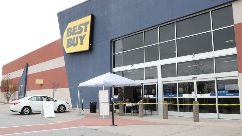 View of Best Buy where customers can retrieve their purchases via contactless pick up during...